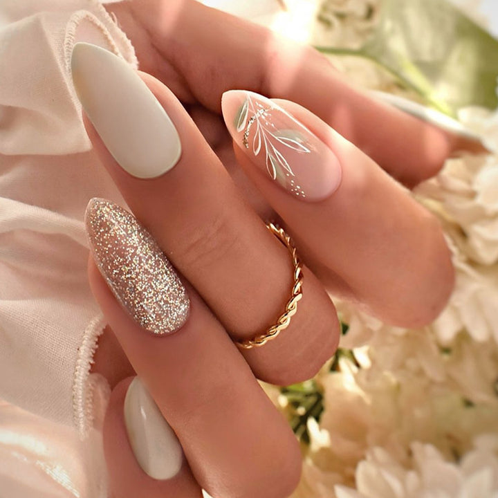 Elegant Press-On Nail Art Set with Floral Accents Kalsten