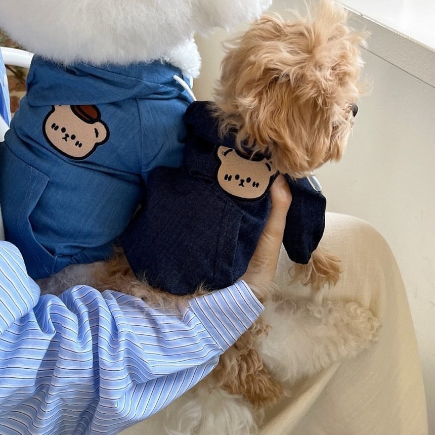 Denim-Look Hooded Pet Jacket with Bear Applique & Kangaroo Pocket