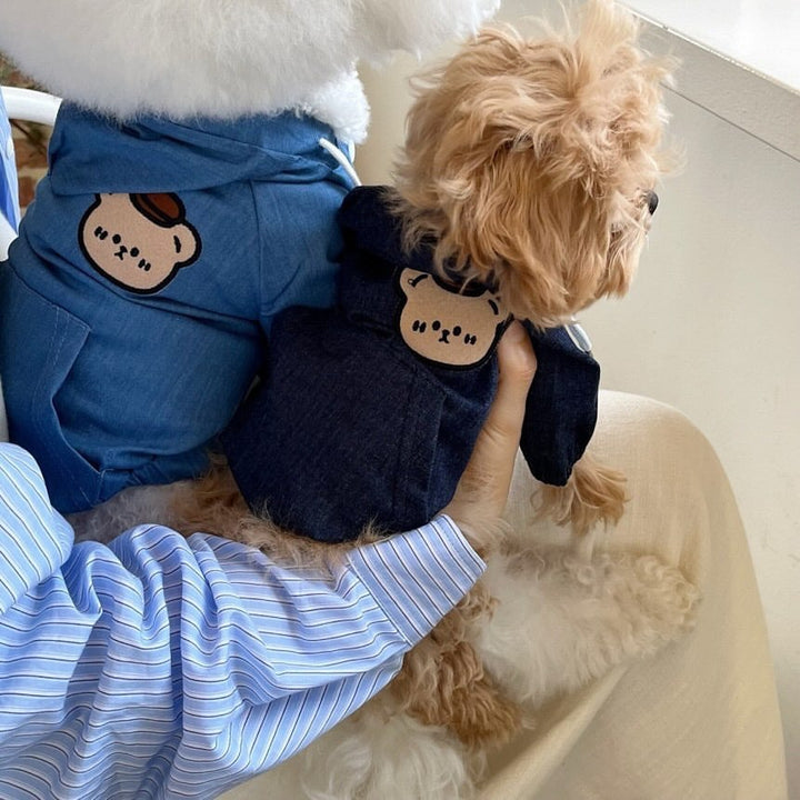 Denim-Look Hooded Pet Jacket with Bear Applique & Kangaroo Pocket
