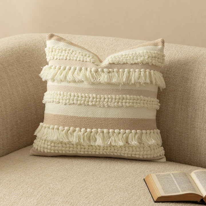 Decorative woven cushion cover with fringes and textured striped design Kalsten