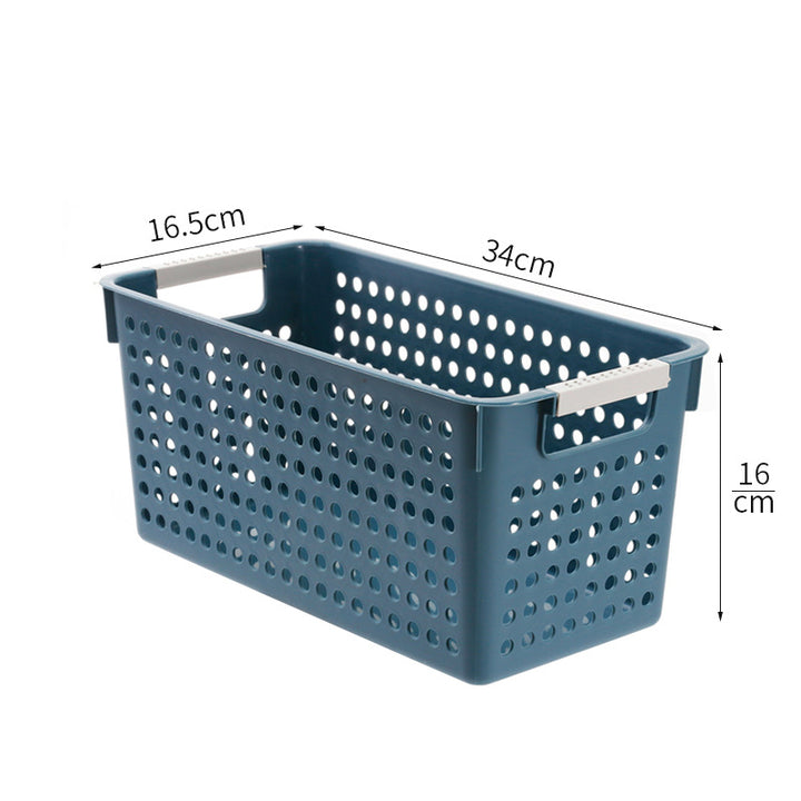 Flat plastic storage box with perforated side wall and grip recesses