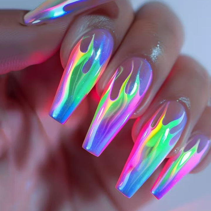 Creative Acrylic Nails with Shimmering Flame Design Kalsten