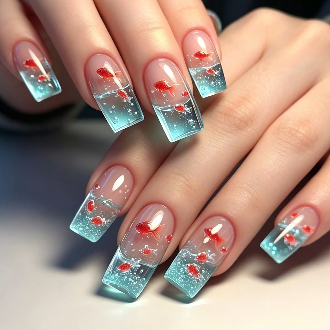 Artistic Aqua-Inspired Acrylic Nail Art Extensions Kalsten