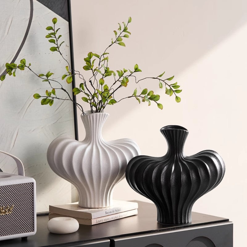 Artistic Ribbed Ceramic Vase for Home Decor