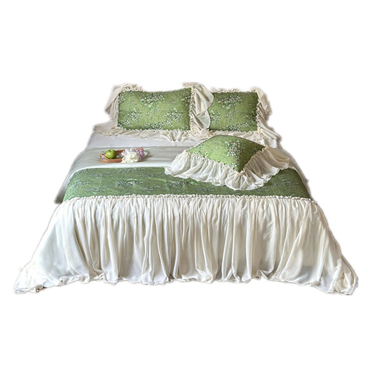 Romantic country house bedding set with floral print, chiffon ruffle hem & gathered bed skirt