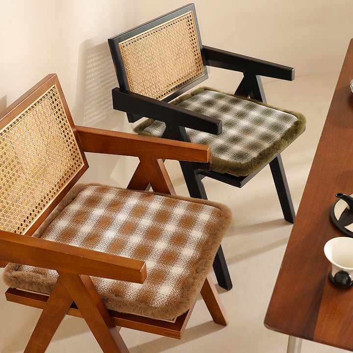 Padded checked chair cushion with faux fur border Kalsten