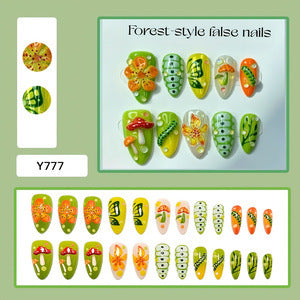 Artificial nails in forest style with floral and mushroom-shaped designs Kalsten