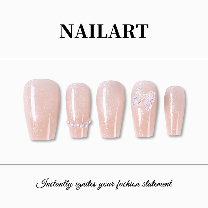 Artificial nails with elegant butterfly accents and glittering coating Kalsten