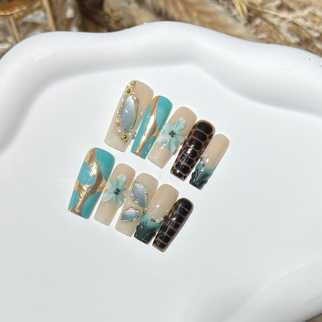 Artistic Press-On Nail Art Set with Floral and Geometric Designs Kalsten