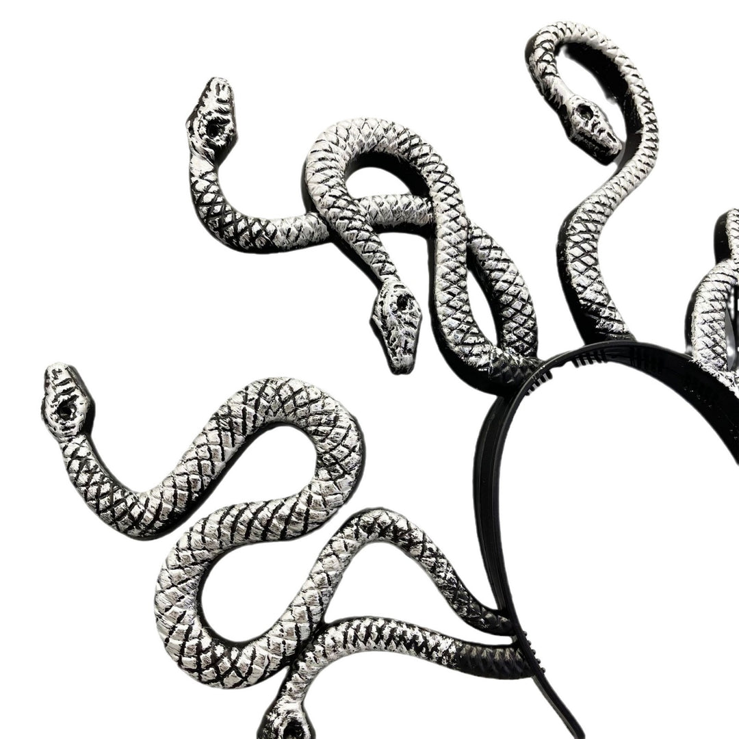 Medusa-inspired headband with 3D snake applications