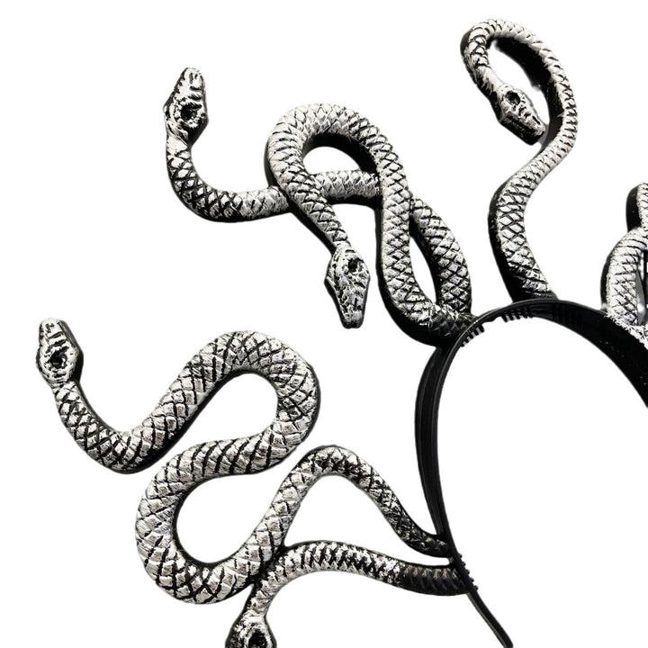 Medusa-inspired headband with 3D snake applications
