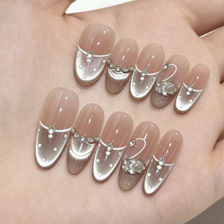 Decorative Press-On Nails with Elegant Swan and Gemstone Accents Kalsten