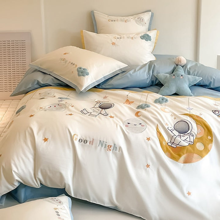 Children's bedding set with ruffles, embroidered cartoon appliqués and soft cotton satin