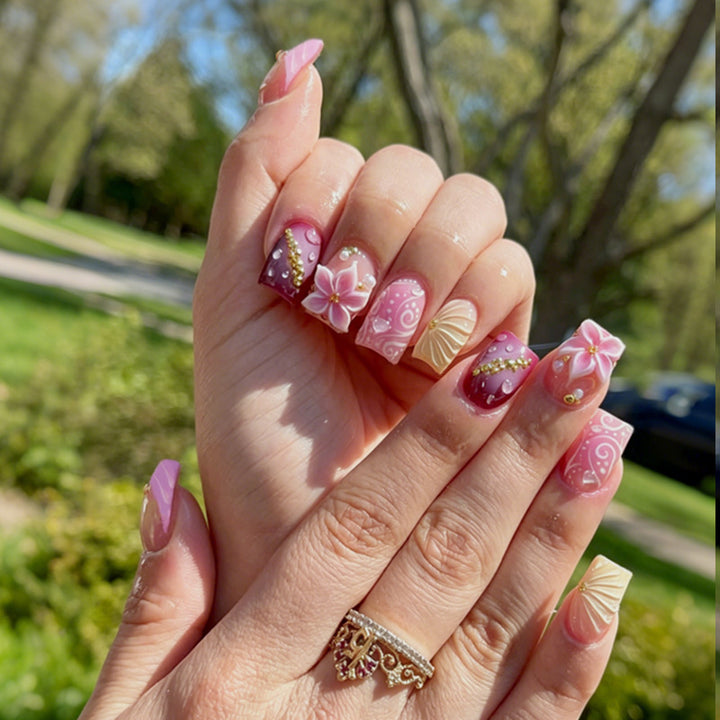 Premium Artistic Press-On Nail Set with Decorative Floral Elements Kalsten