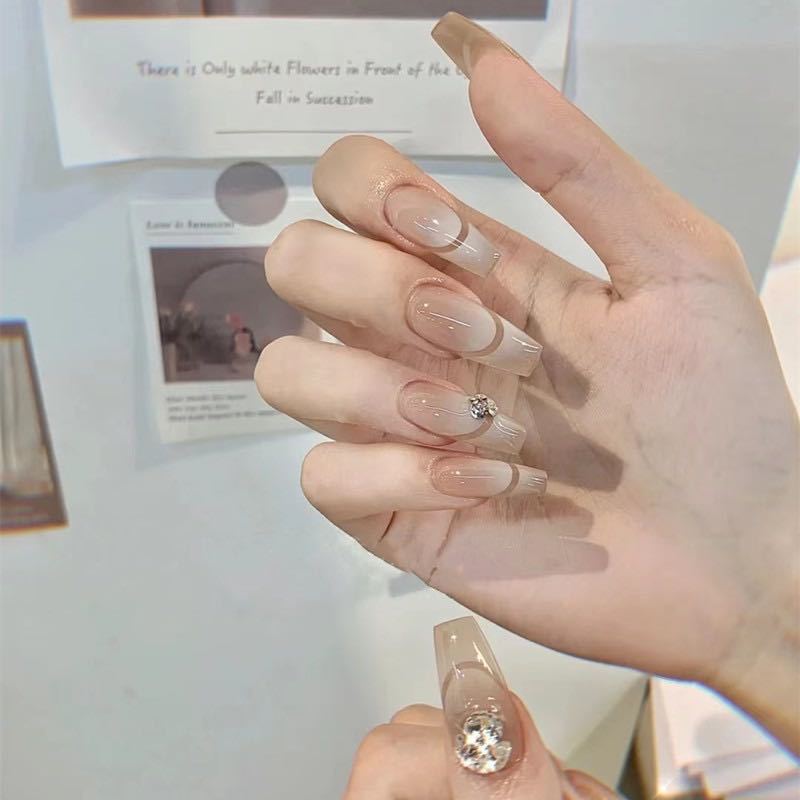 Artful French Tip Art Nails with Rhinestone Accents Kalsten