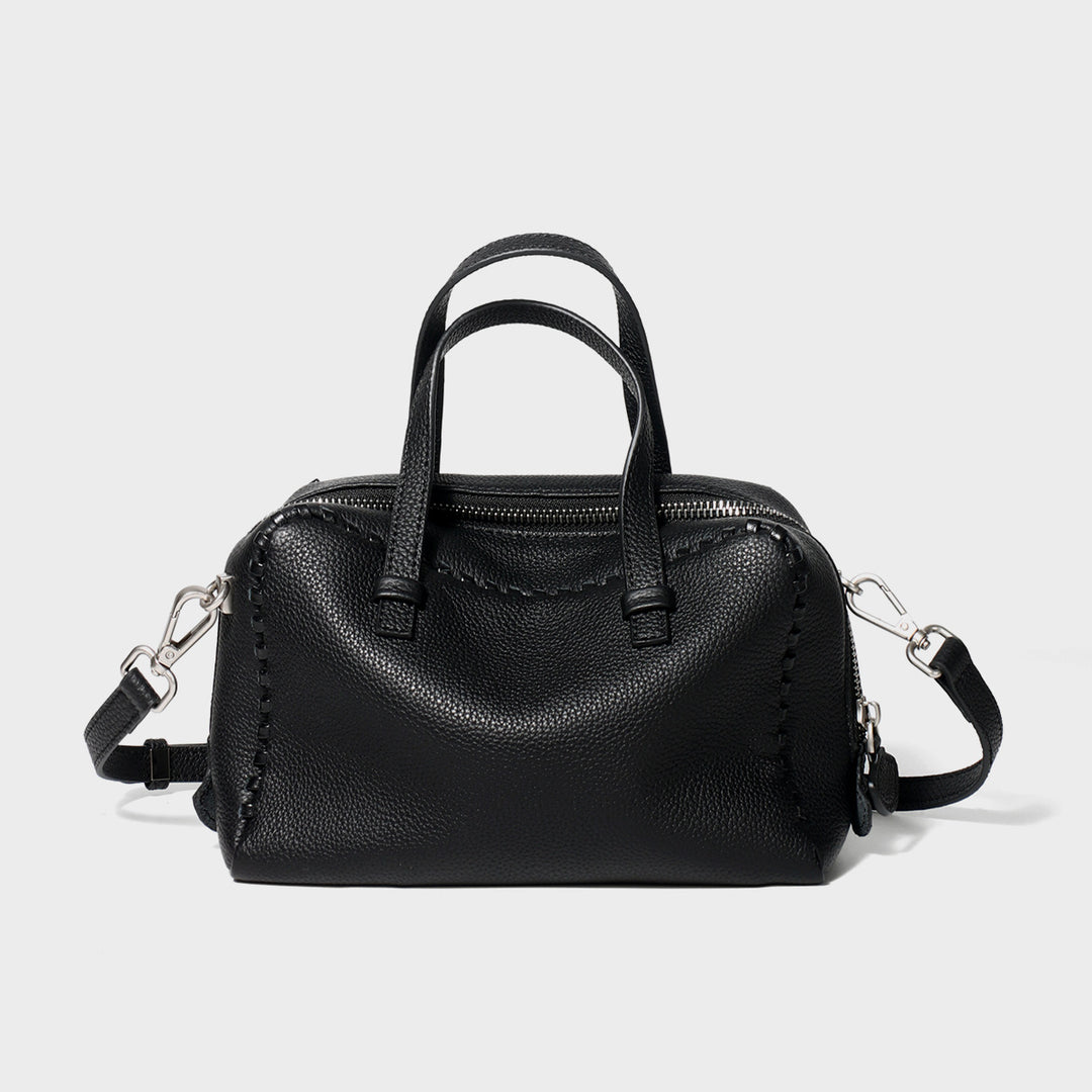 Pebbled Leather Top-Handle Crossbody Satchel with Whipstitch Trim