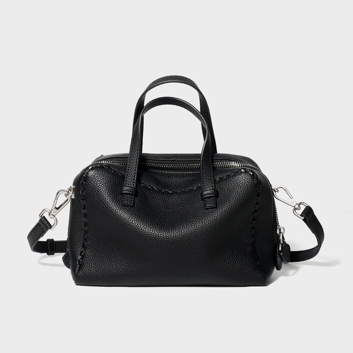 Pebbled Leather Top-Handle Crossbody Satchel with Whipstitch Trim
