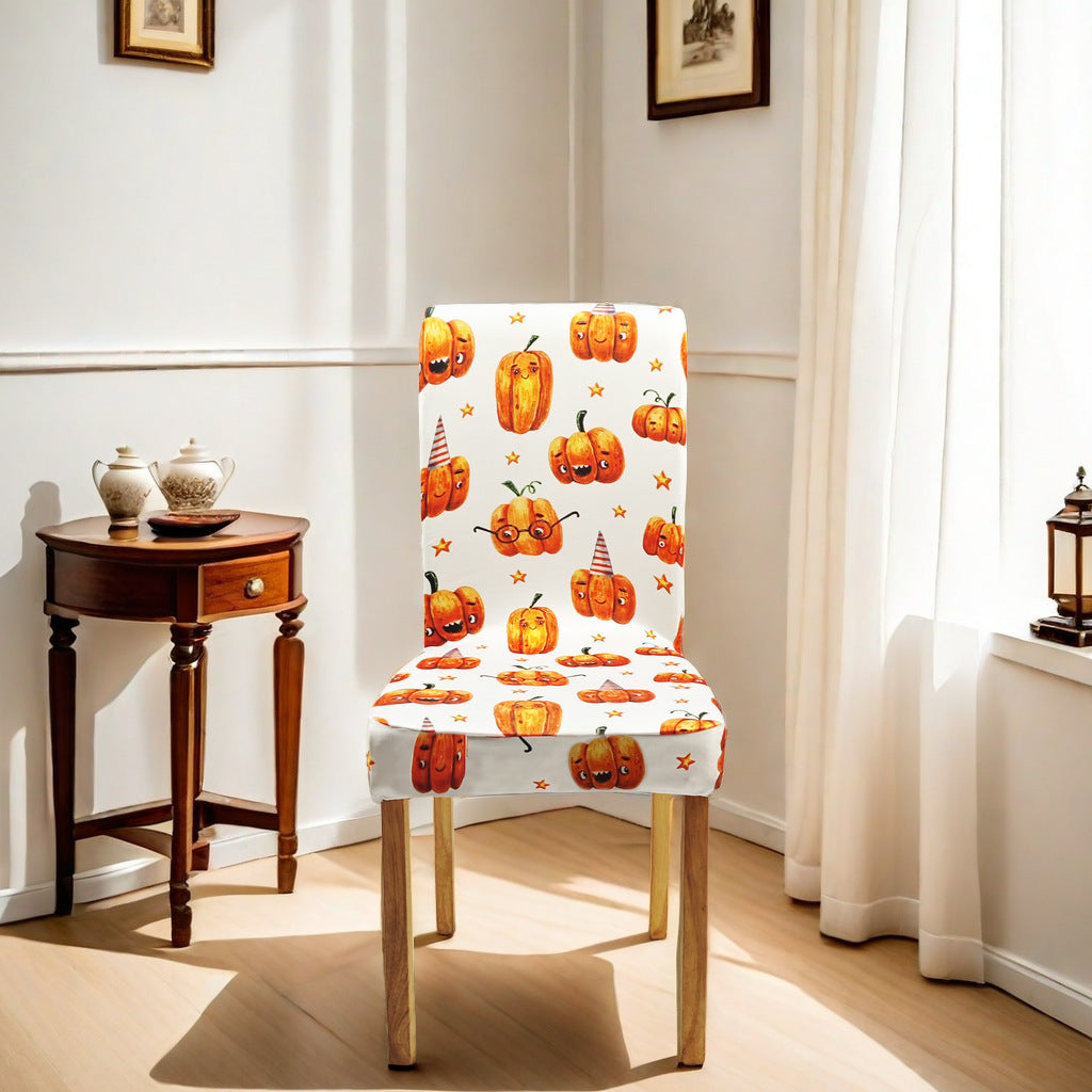 Elastic chair cover for high backs with Halloween pumpkin and witch hat print