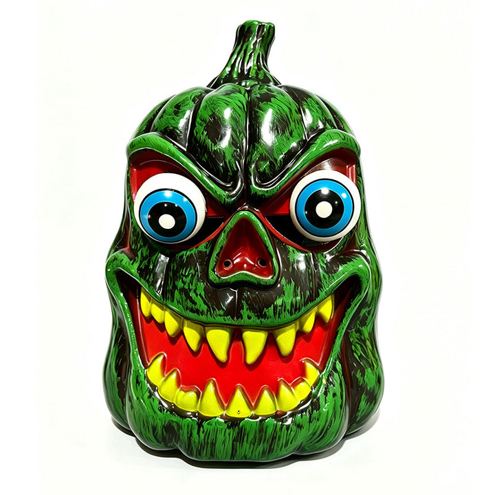 Scary Halloween pumpkin decoration figure with candy compartment, LED eyes and distinctive spooky face