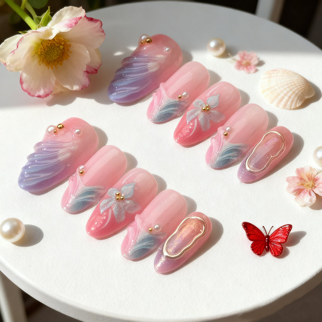Artificial nails with flower pattern and glamorous accents Kalsten