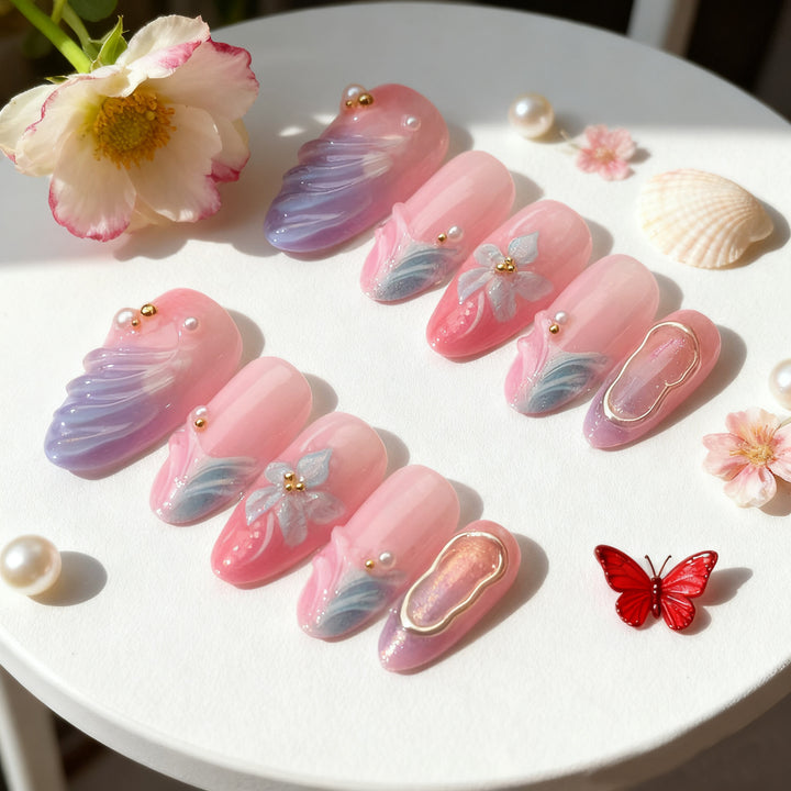 Artificial nails with flower pattern and glamorous accents Kalsten