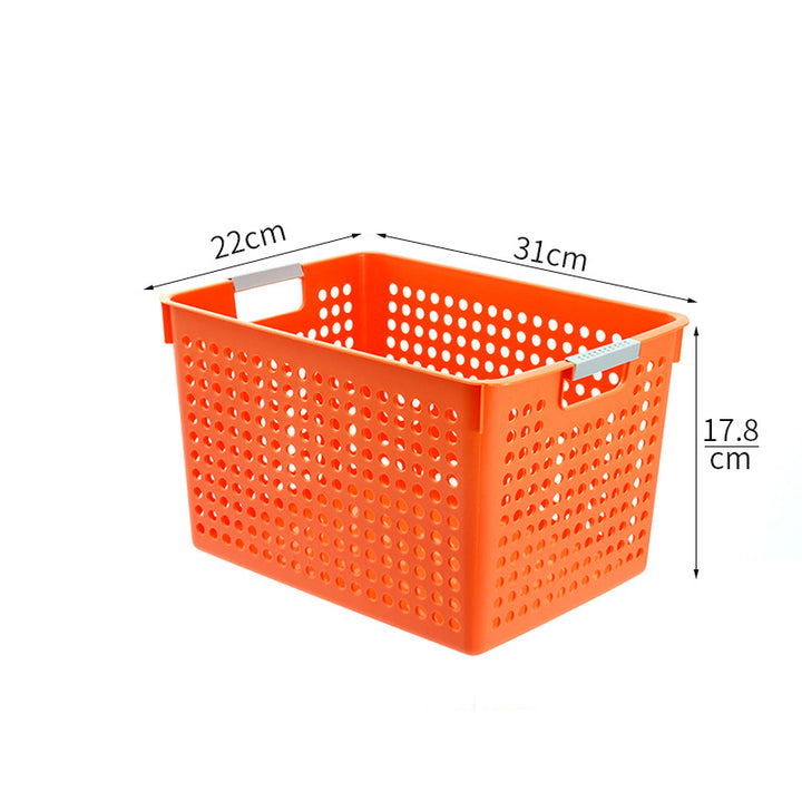 Flat plastic storage box with perforated side wall and grip recesses