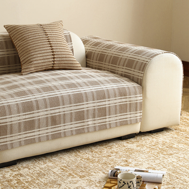 Stretch Sofa Cover with Checked Jacquard Pattern and Removable Armrest Covers Kalsten