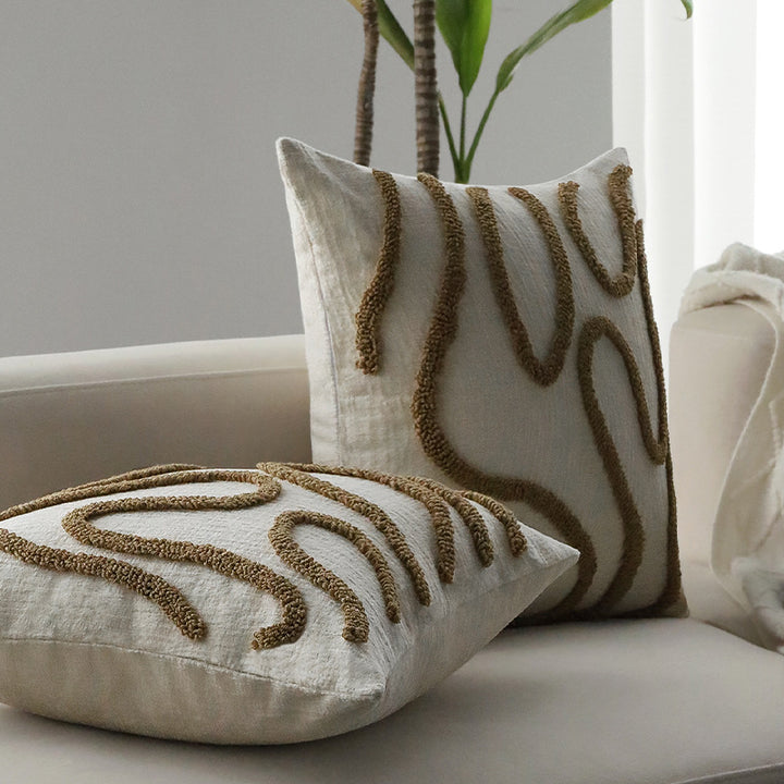 Square decorative cushion cover Kalsten with hand-tufted loop appliqué and fine linen look