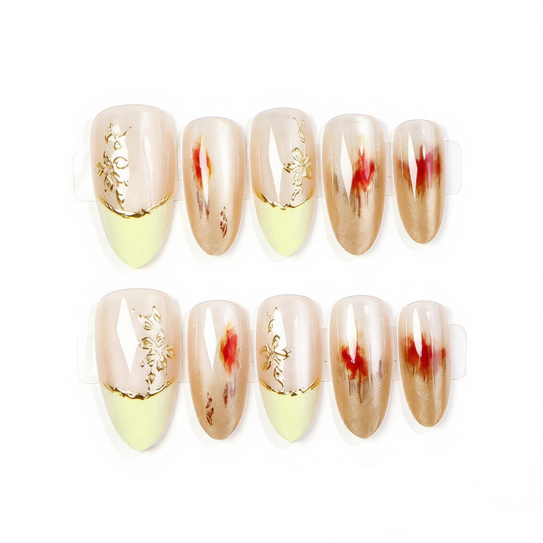 Elegant Press-On Nail Set with Floral Gold Accents Kalsten