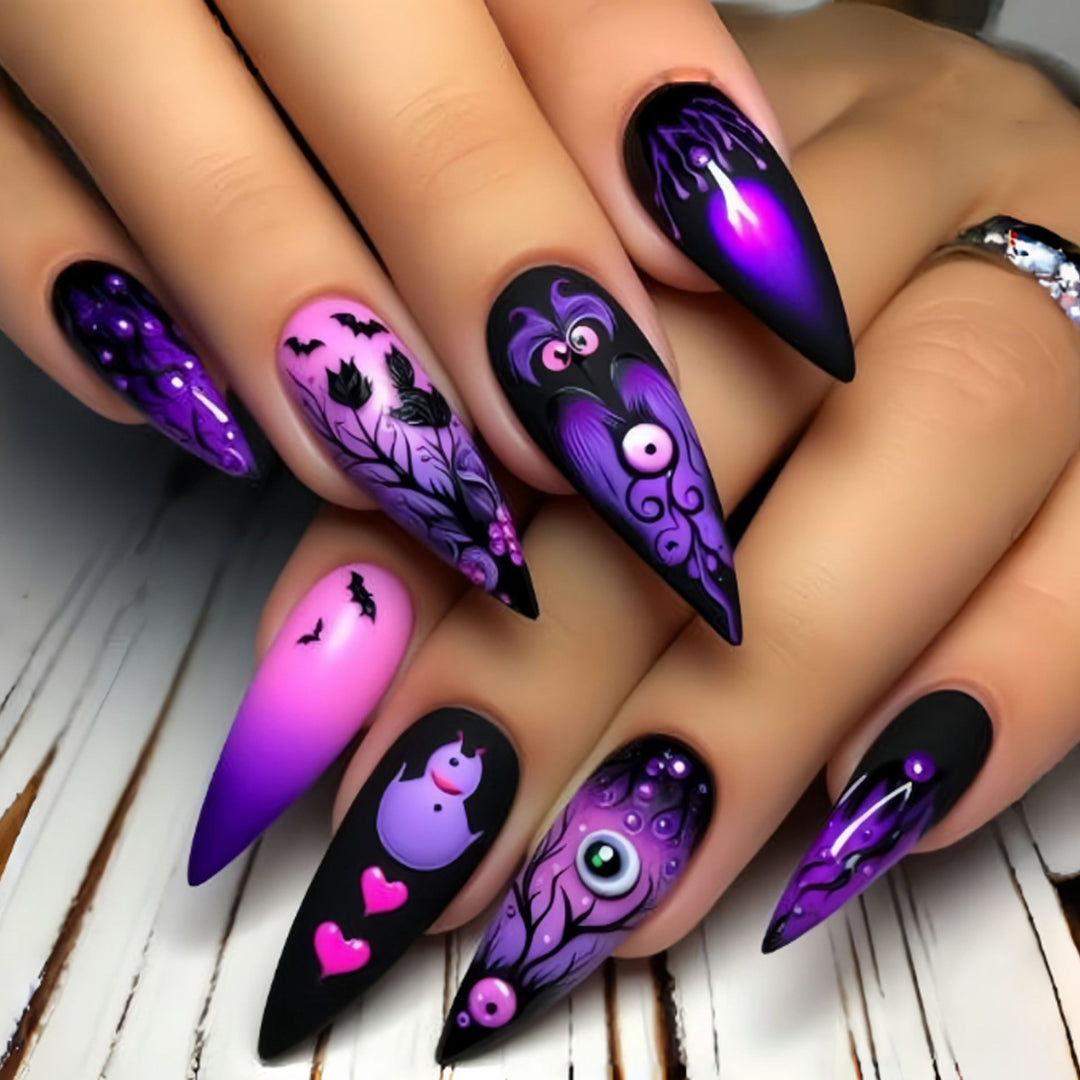 Gothic Halloween-Inspired Stiletto Nail Art Extensions Kalsten