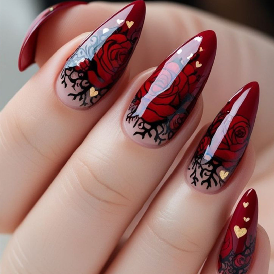 Gothic Rose-Design Stiletto Nail Art Extensions Kalsten