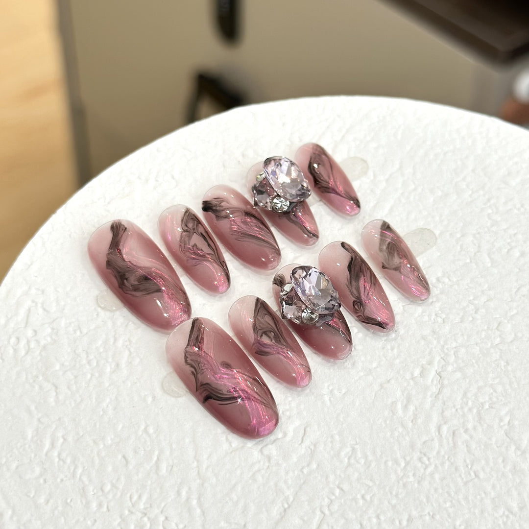Artistic Marble-Design Press-On Nail Set with Gemstone Accents