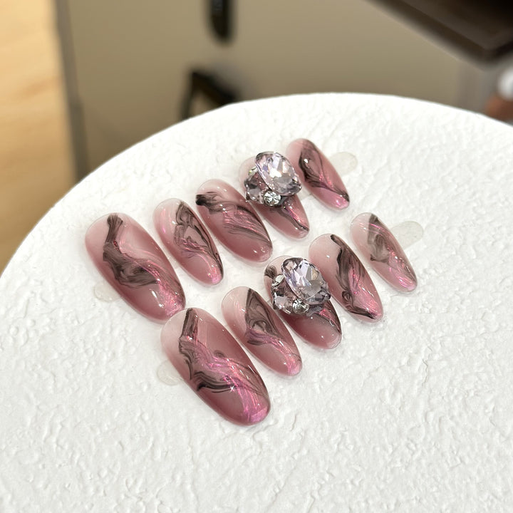 Artistic Marble-Design Press-On Nail Set with Gemstone Accents