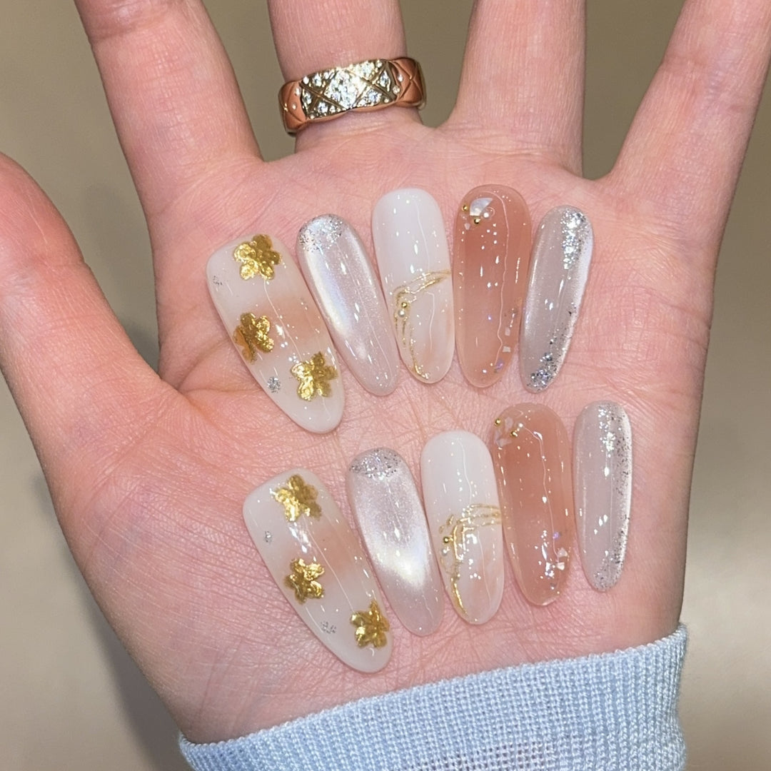 Artificial nails with floral decorations and glitter effects Kalsten