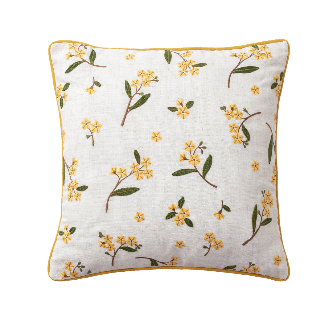 Decorative embroidered cushion cover made of linen blend with floral yellow flower appliqué and piping Kalsten