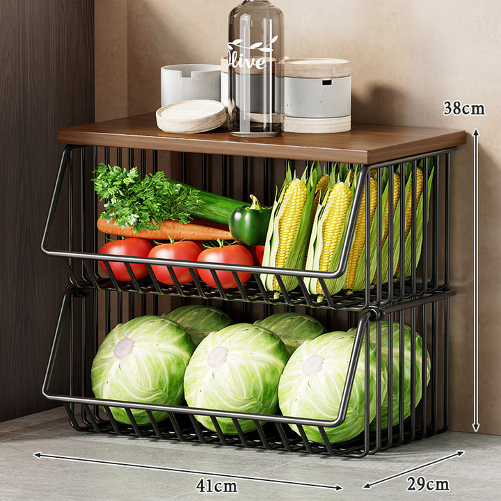 Multi-Tier Rolling Kitchen Pantry Cart with Wood Top and Deep Wire Storage Baskets