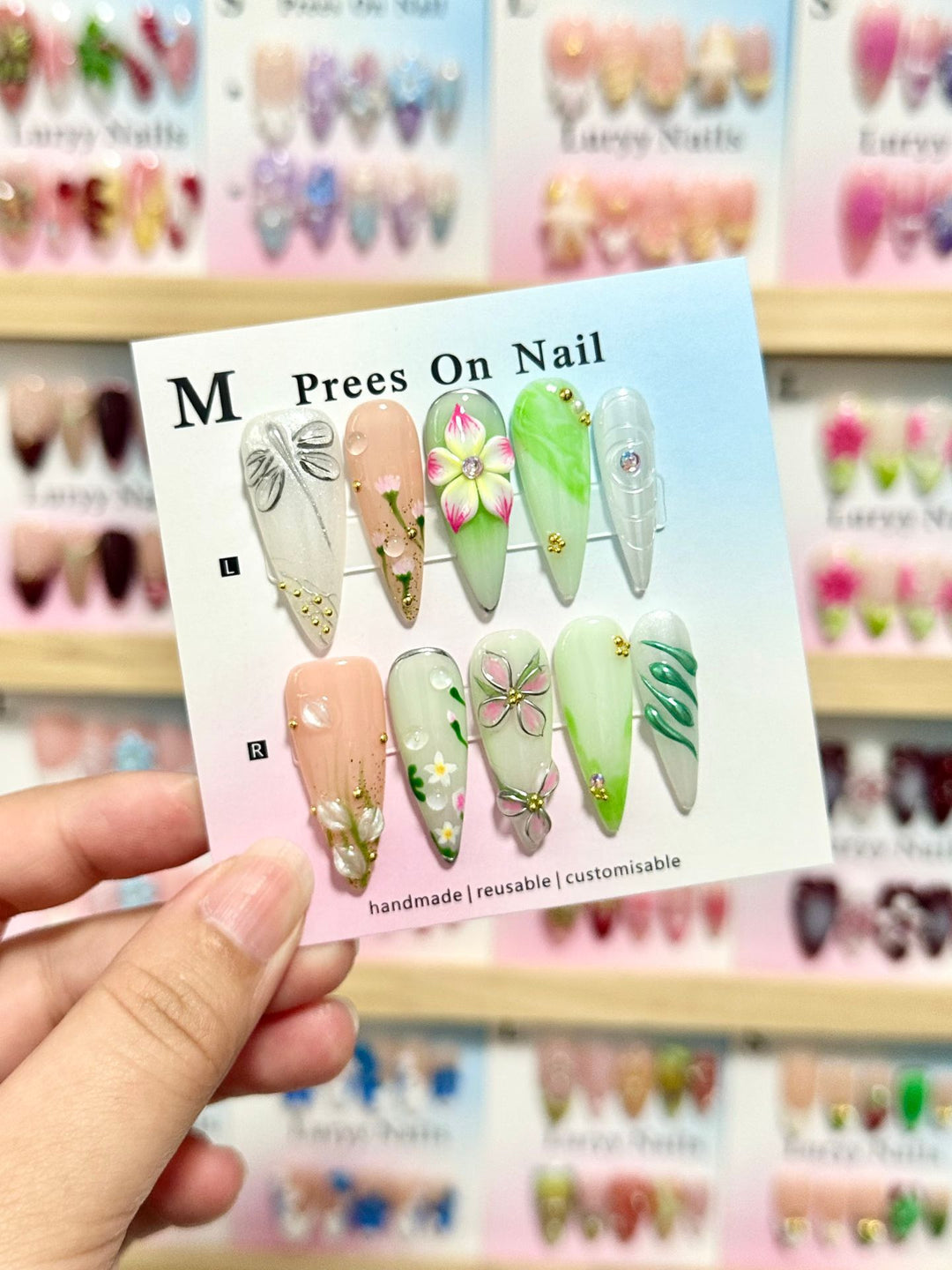 Artistic Floral and Gem-Embellished Press-On Nail Set