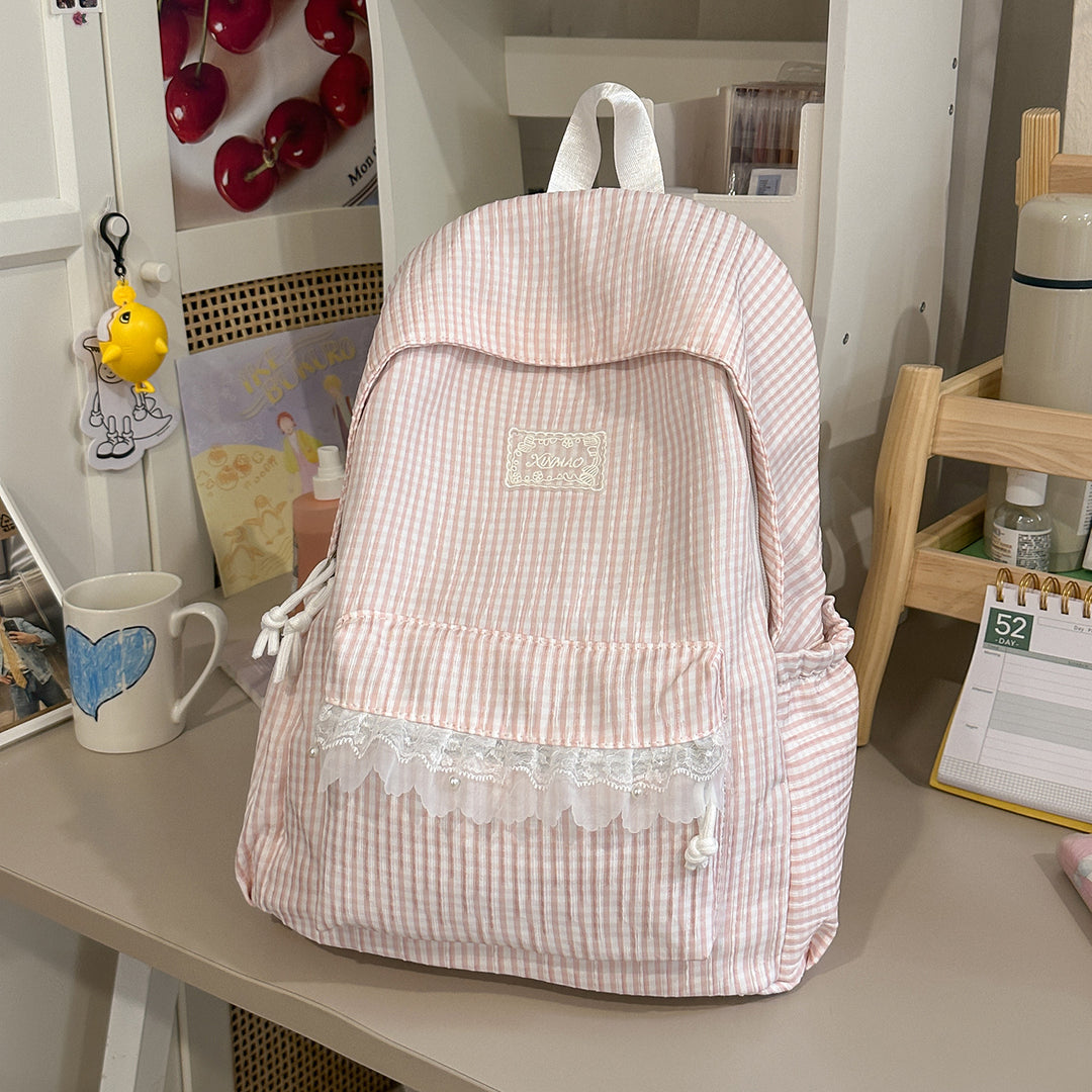 Charming Striped Lace-Trimmed Backpack Kalsten