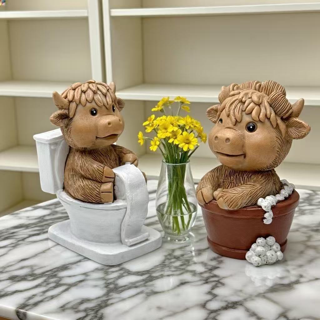 Funny decorative figure of a Highland cow on toilet Kalsten