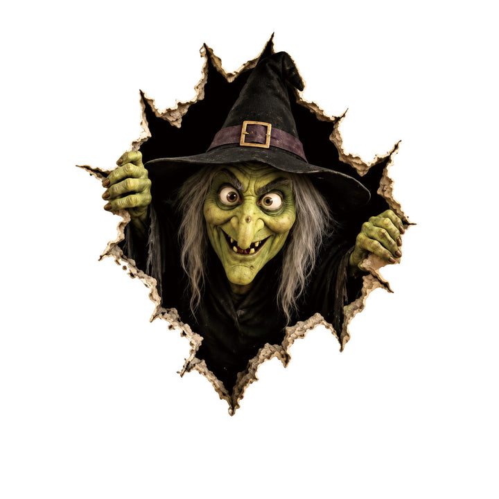 Realistic 3D wall sticker Halloween witch with breaking wall and candy