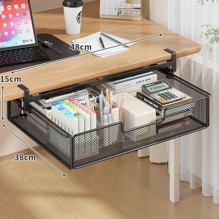 Clamp-On Under-Desk Slide-Out Metal Mesh Storage Drawer Organizer