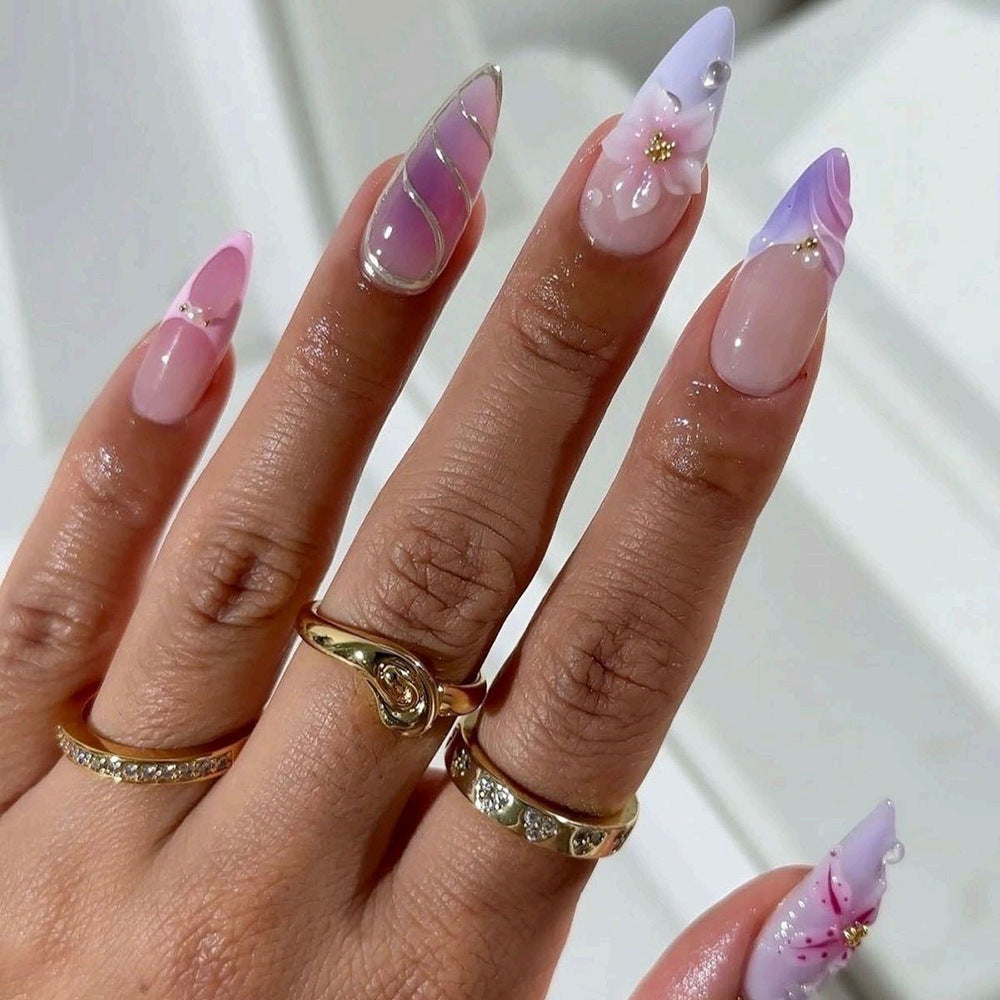 Exquisite Artificial Nails with Floral Design and Glitter Accents Kalsten