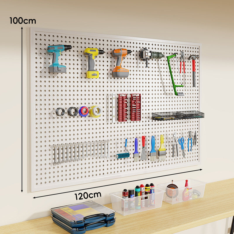 Wall-Mounted Perforated Metal Tool Pegboard Organizer Panel with Modular Hooks and Wire Baskets