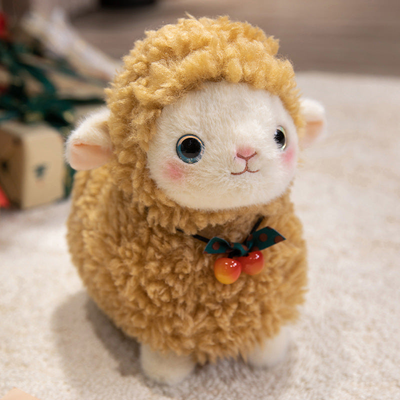 Curly Plush Lamb Comforter Toy with Embroidered Face and Decorative Bow Charm Kalsten