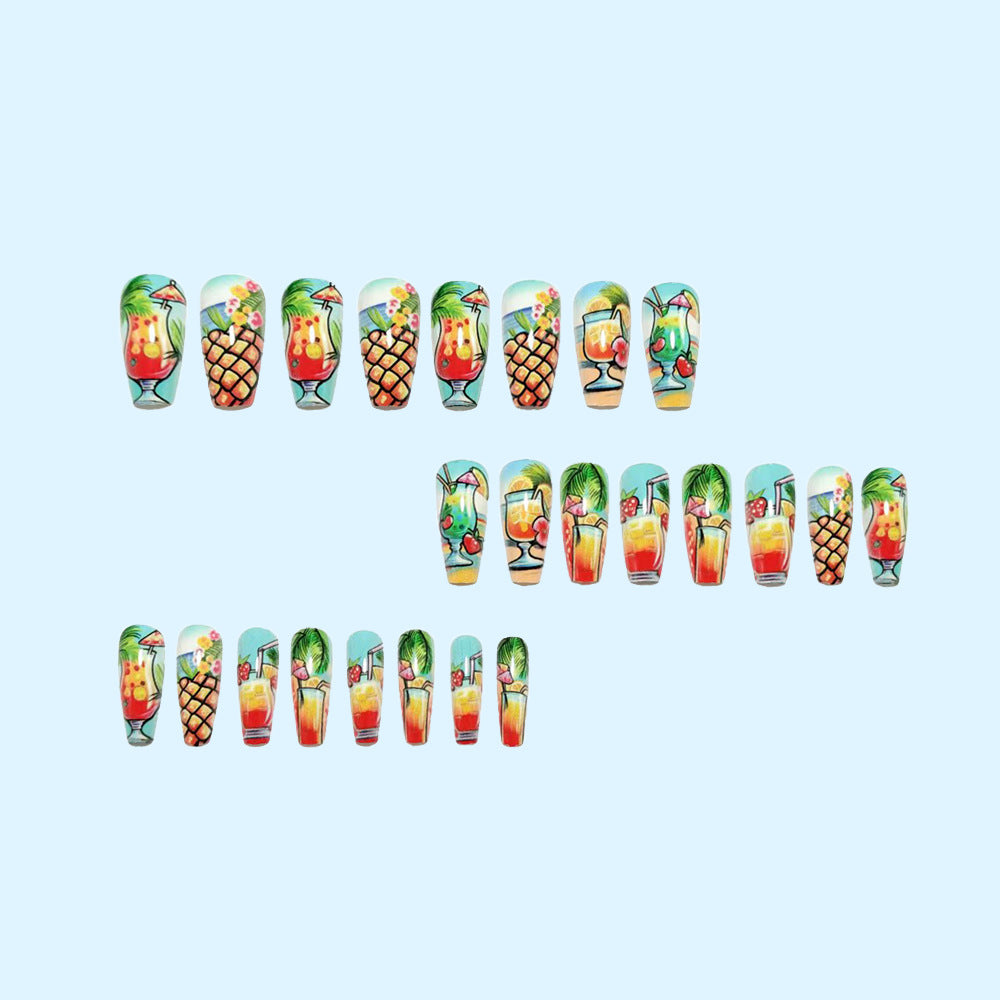 Artificial nail set with tropical drink motif and colorful accents Kalsten