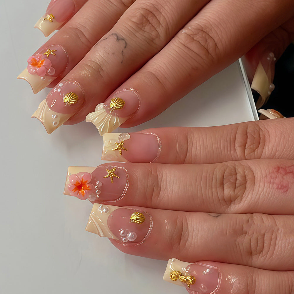 Tropical Shell and Flower Press-On Nail Art Kalsten