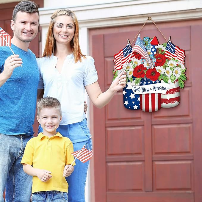 Unisex nan patriotic layered wooden door hanger with American flag buckets and floral bouquet Kalsten
