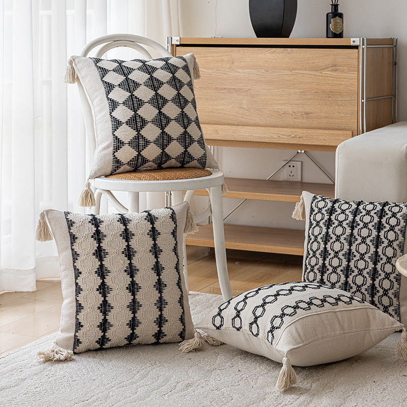 Geometric Handwoven Cotton Throw Pillow with Tassel Corners and Textured Diamond Pattern