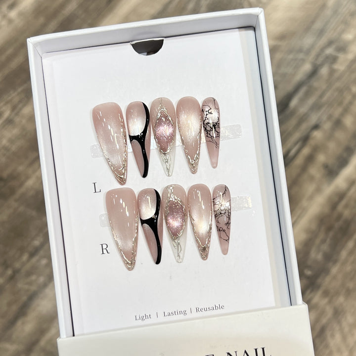 Artistic Stiletto Press-On Nail Set with Unique Marble Design Kalsten