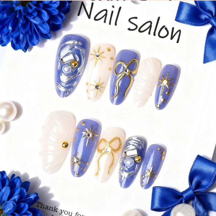 Artistic Press-On Nail Art Set with Gold and Pearl Accents Kalsten